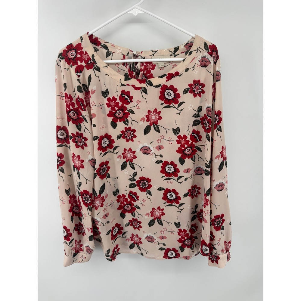 Loft Outlet Women Floral Long Sleeve Tie Back Blouse Pink Red Large 479792